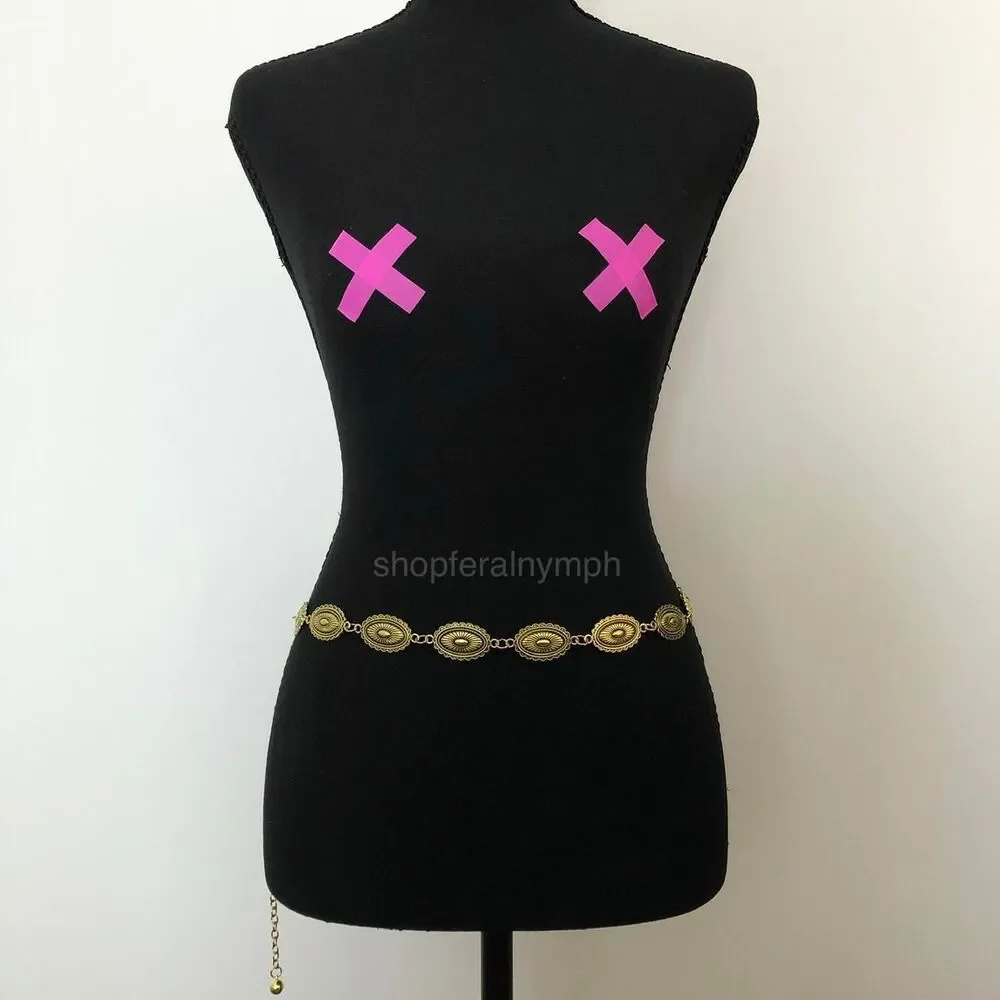 Vintage Y2K Western Gold-Tone Concho Chain Belt, Fits 16–39.5 Inches, X7GA1216